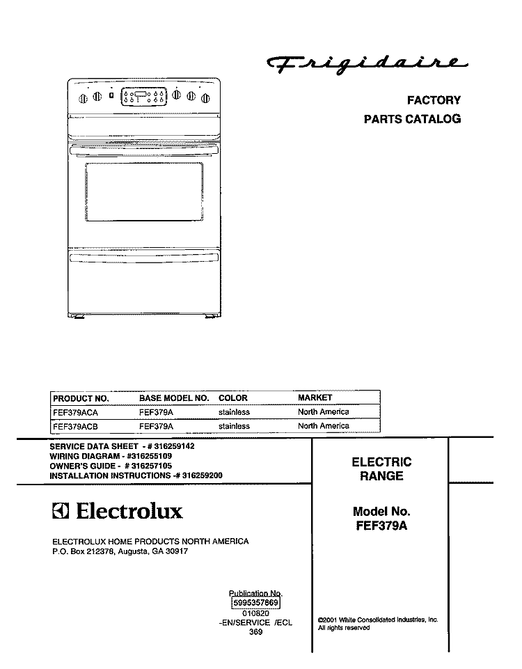 COVER Diagram and Parts List for FEF379ACB  Frigidaire Range