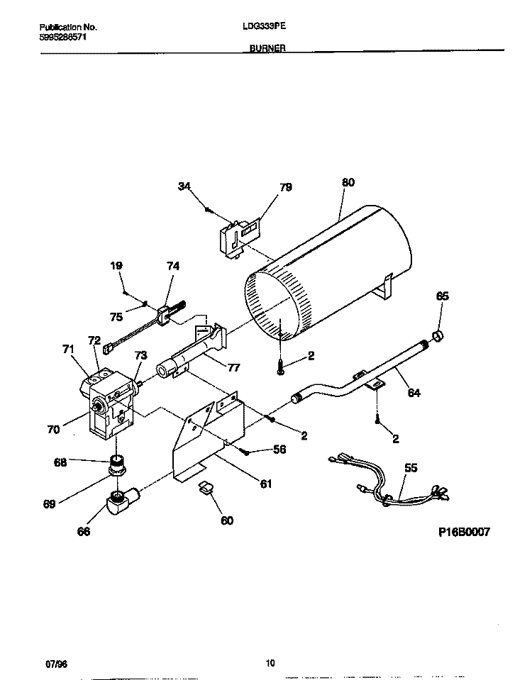 BURNER Diagram and Parts List for LDG333PEW0  Frigidaire Dryer