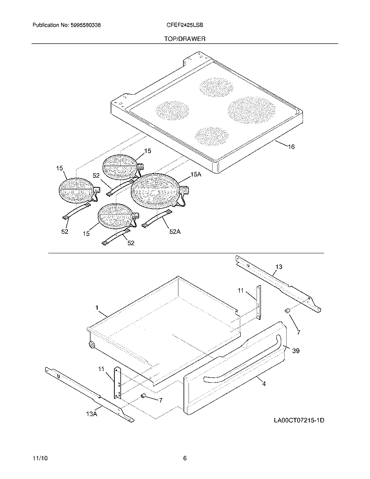 TOP/DRAWER Diagram and Parts List for CFEF2425LSB  Frigidaire Range