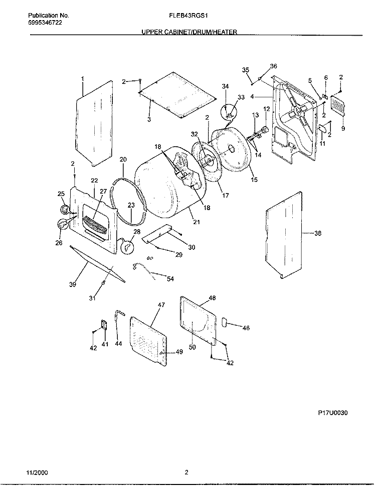 UPPER CABINET / DRUM / HEATER Diagram and Parts List for FLEB43RGS1  Frigidaire Washer Dryer Combo