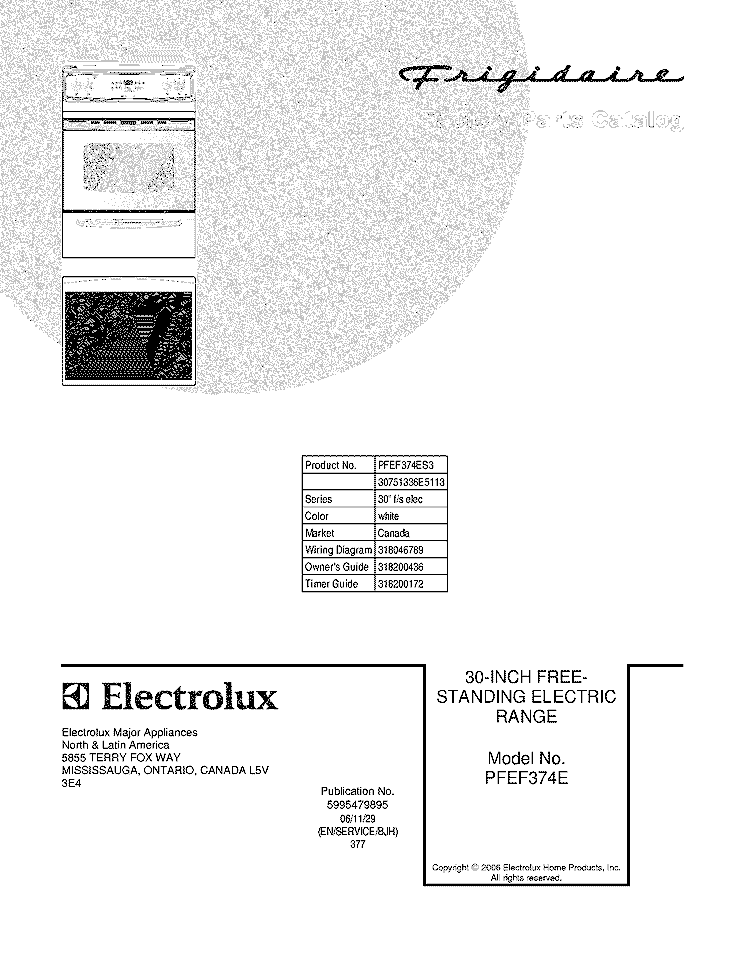 COVER Diagram and Parts List for PFEF374ES3  Frigidaire Wall Oven