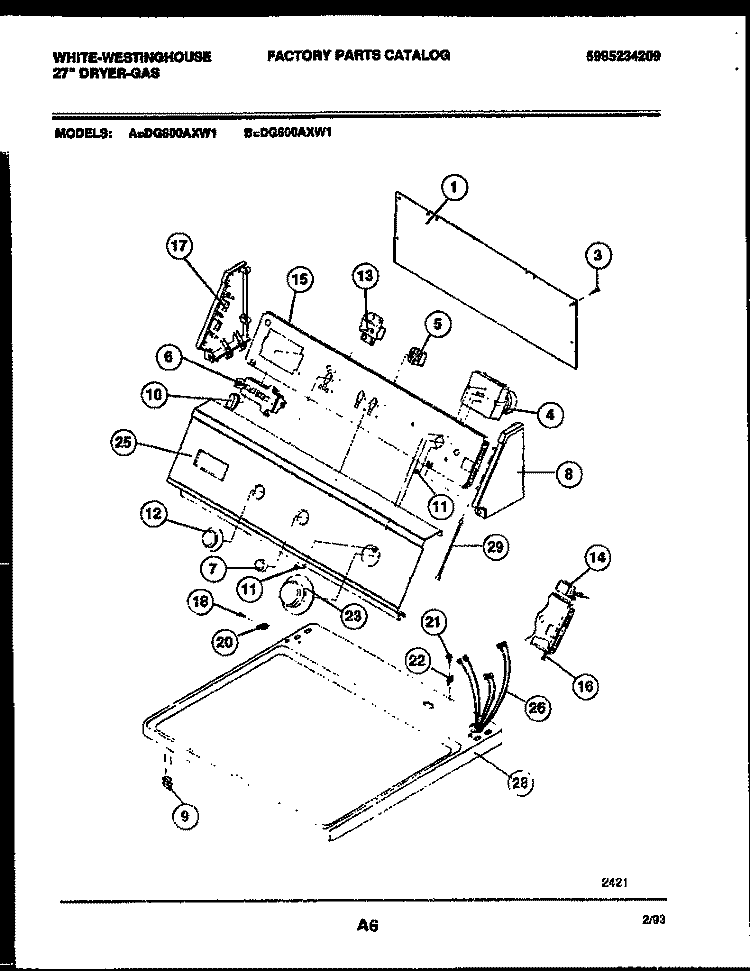 CONSOLE AND CONTROL PARTS Diagram and Parts List for DG600AXD1  Frigidaire Dryer