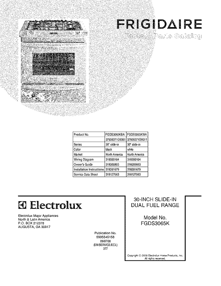 COVER Diagram and Parts List for FGDS3065KBA  Frigidaire Range