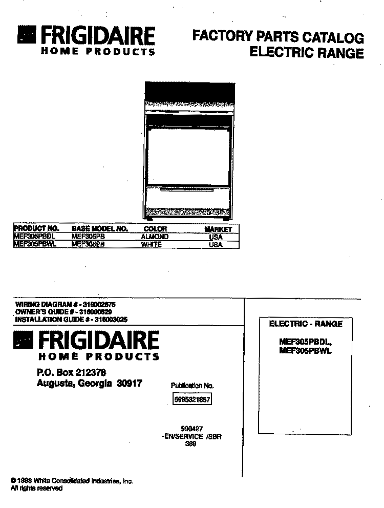 COVER Diagram and Parts List for MEF305PBDL  Frigidaire Range