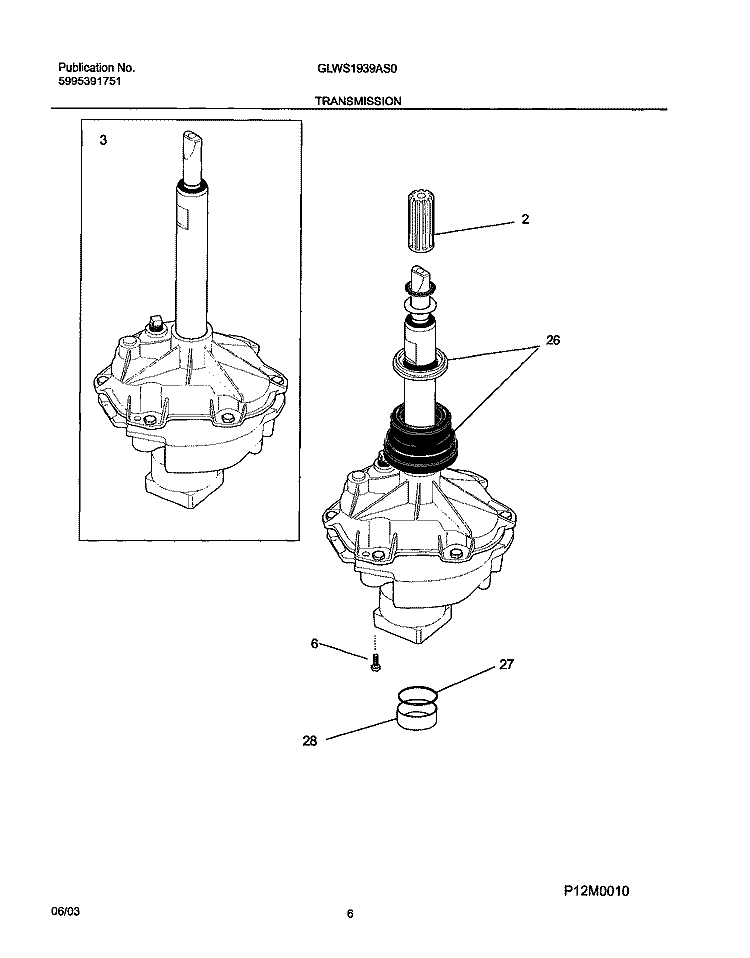 TRANSMISSION Diagram and Parts List for GLWS1939AS0  Frigidaire Washer
