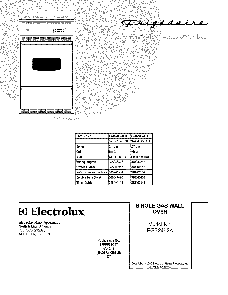 COVER Diagram and Parts List for FGB24L2ABD  Frigidaire Wall Oven