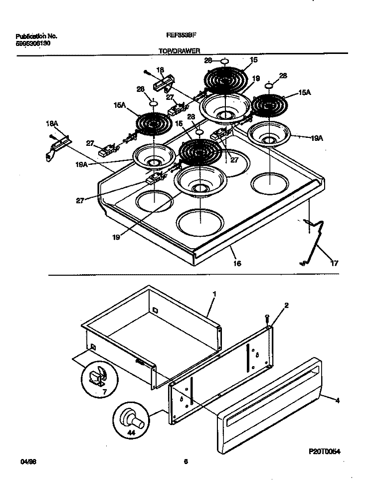 TOP / DRAWER Diagram and Parts List for FEF353BFDB  Frigidaire Range