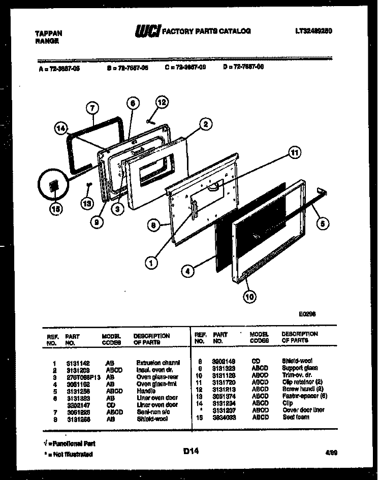 LOWER OVEN DOOR PARTS Diagram and Parts List for 72-3657-00-06  Tappan Range