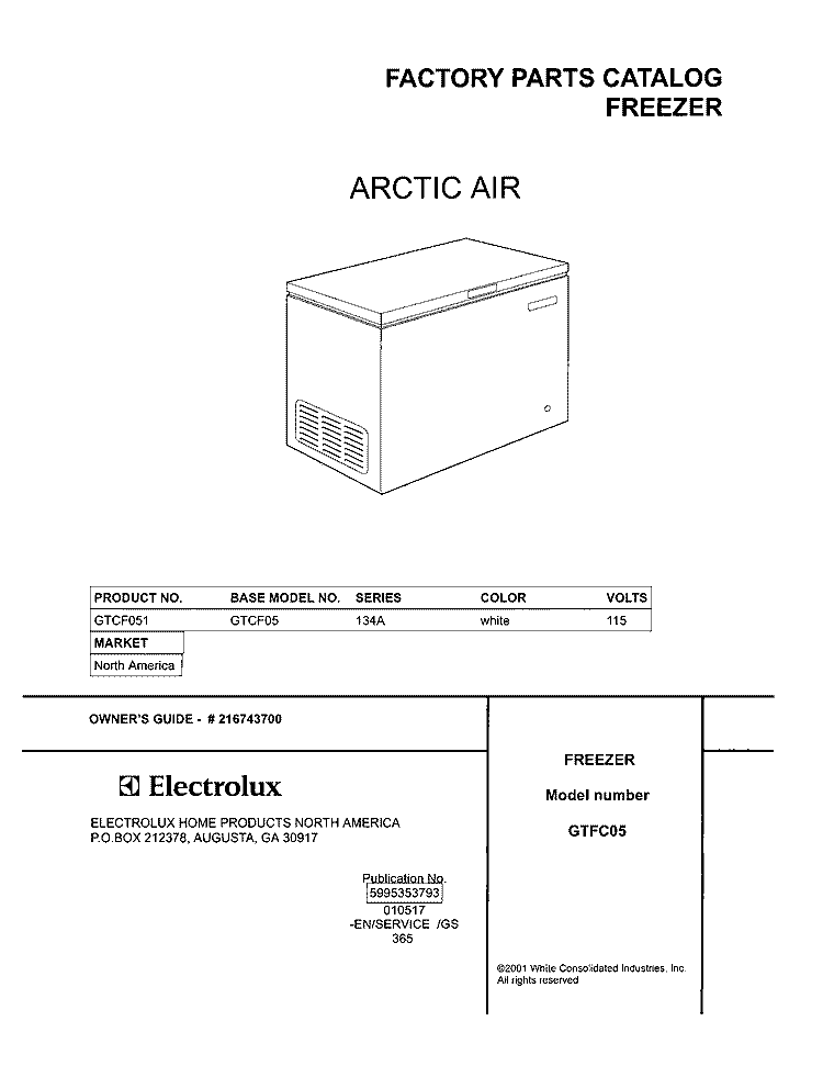 COVER Diagram and Parts List for GTCF051  Frigidaire Freezer