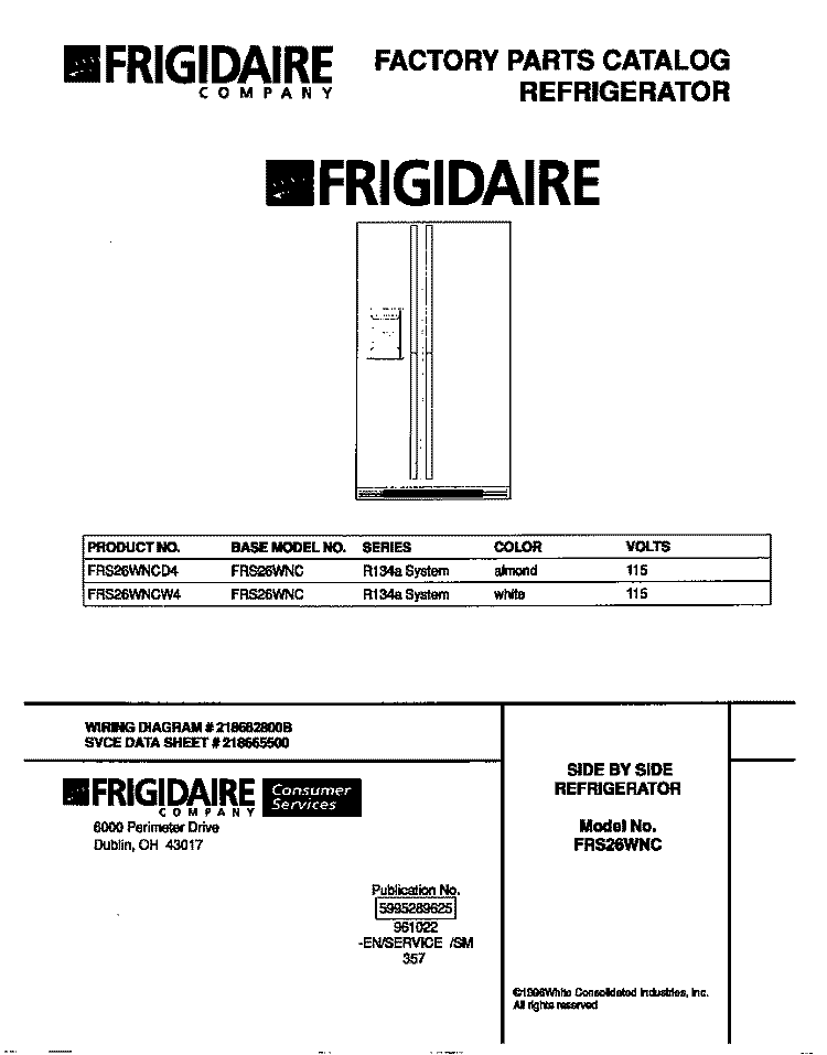 COVER Diagram and Parts List for FRS26WNCW4  Frigidaire Refrigerator