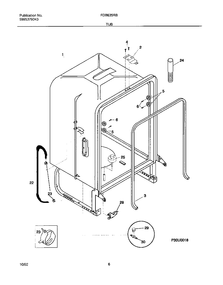 TUB Diagram and Parts List for FDB635RBS1  Frigidaire Dishwasher