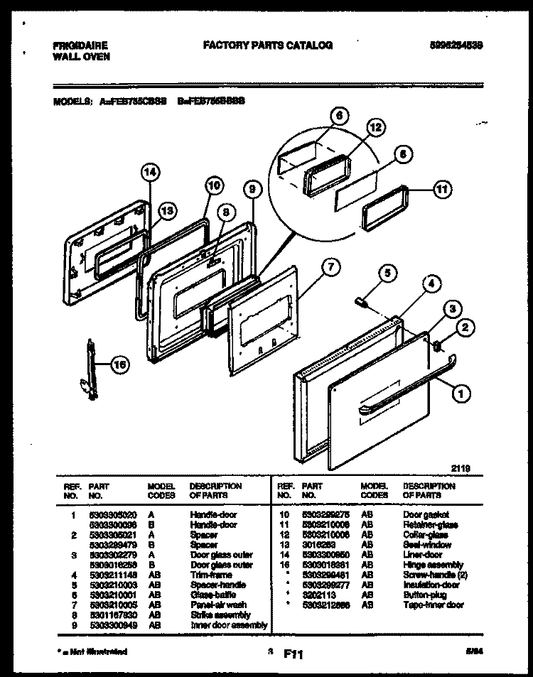 DOOR PARTS Diagram and Parts List for FEB755BBBB  Frigidaire Wall Oven