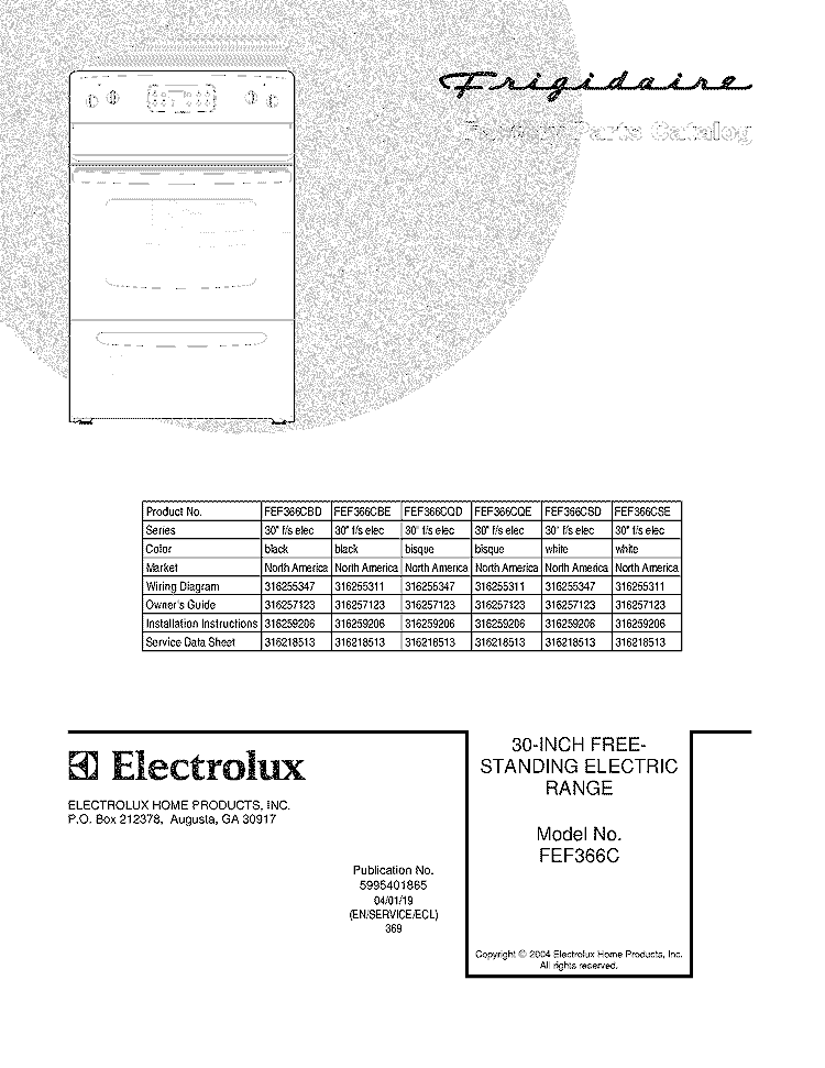 COVER Diagram and Parts List for FEF366CQD  Frigidaire Range