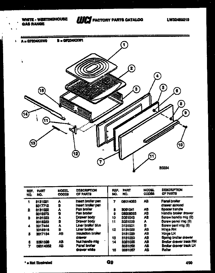 BROILER DRAWER PARTS Diagram and Parts List for GF204KXD1  Frigidaire Range