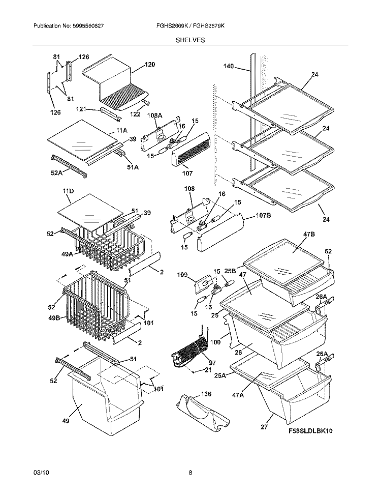 SHELVES Diagram and Parts List for FGHS2669KE2  Frigidaire Refrigerator