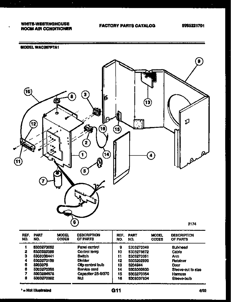 ELECTRICAL PARTS Diagram and Parts List for WAC067P7A1  Frigidaire Air Conditioner