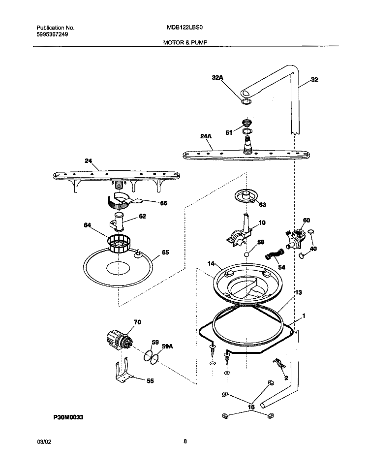 MOTOR & PUMP Diagram and Parts List for MDB122LBS0  Uni Dishwasher