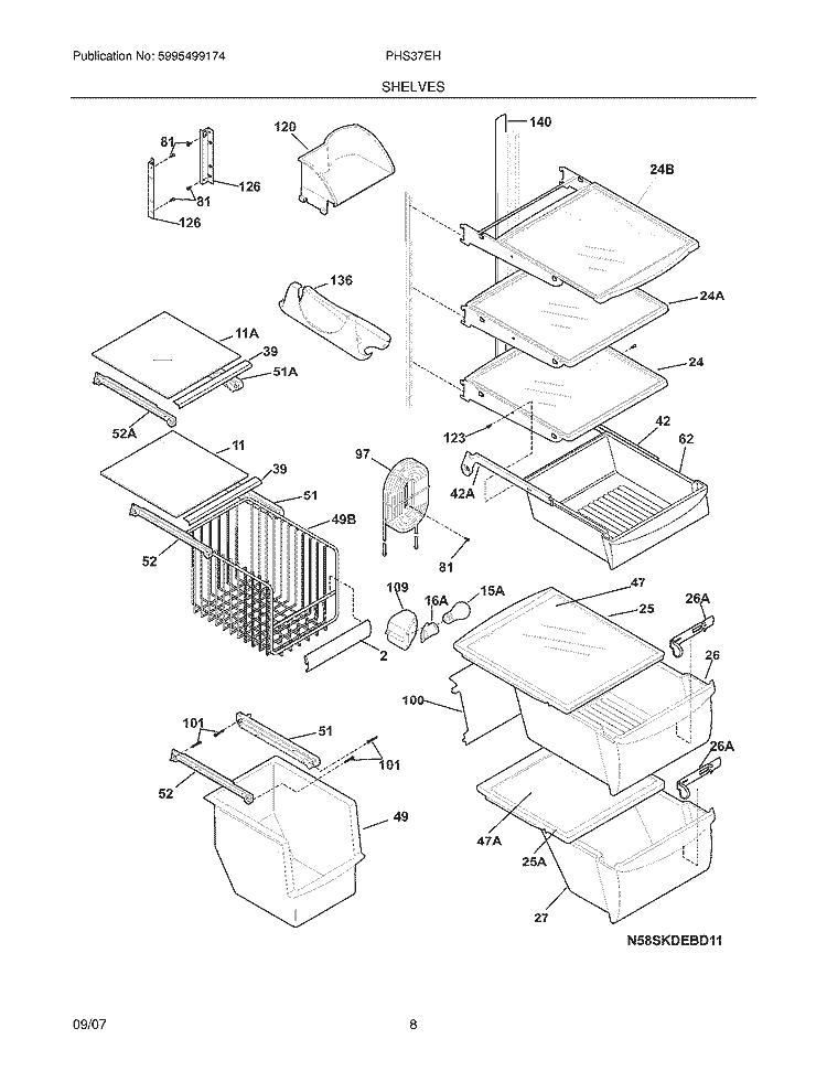 SHELVES Diagram and Parts List for PHS37EHSB5  Frigidaire Refrigerator