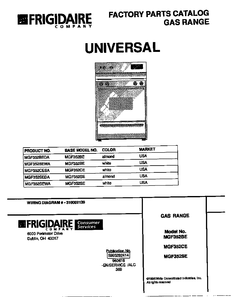 COVER Diagram and Parts List for MGF352BEDA  Frigidaire Range