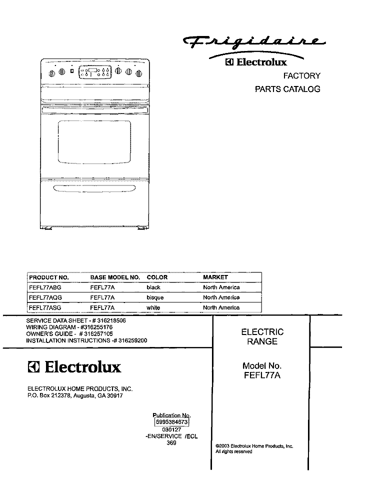 COVER Diagram and Parts List for FEFL77ABG  Frigidaire Range