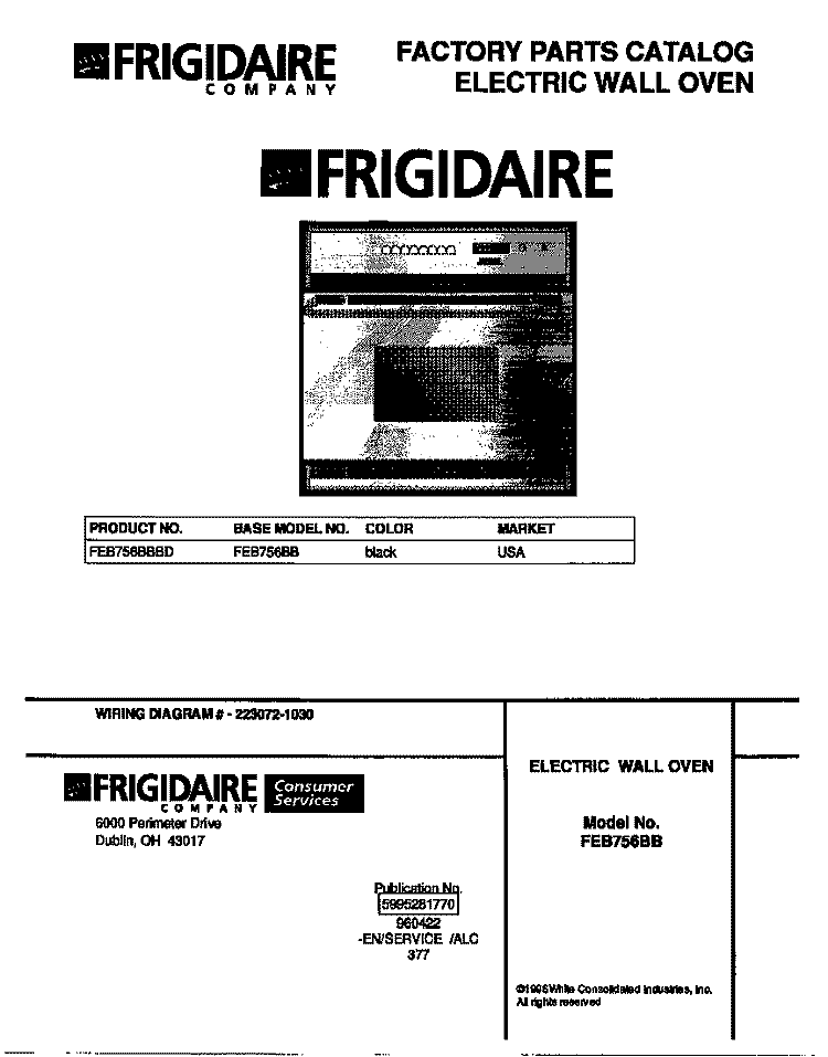 COVER Diagram and Parts List for FEB756BBBD  Frigidaire Wall Oven