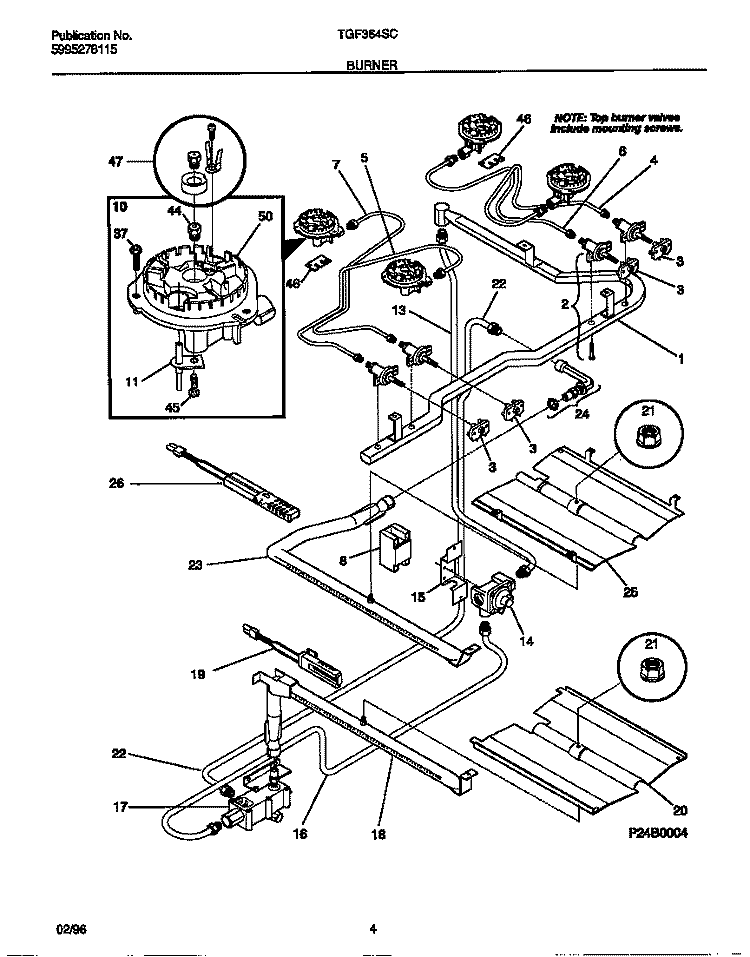 BURNER Diagram and Parts List for TGF364SCDA  Tappan Range