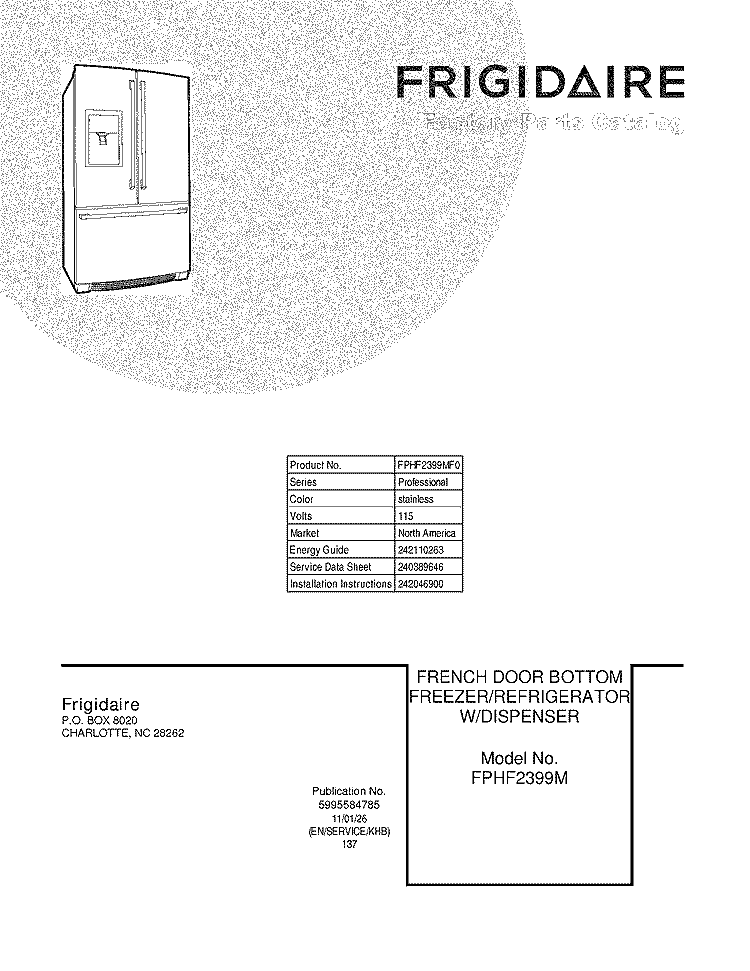 COVER Diagram and Parts List for FPHF2399MF0  Frigidaire Refrigerator