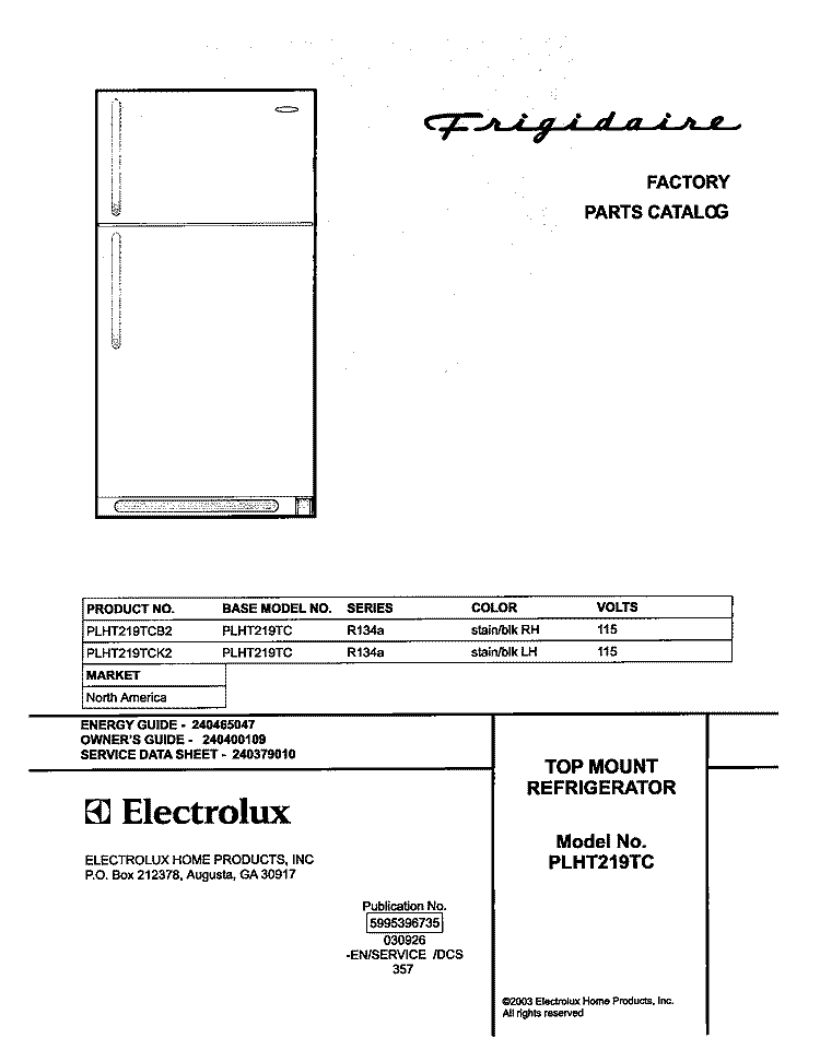 COVER Diagram and Parts List for PLHT219TCB2  Frigidaire Refrigerator