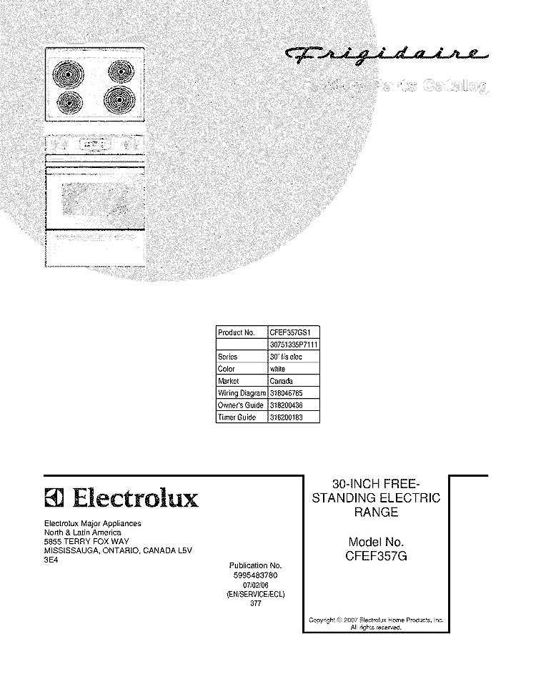 COVER Diagram and Parts List for CFEF357GS1  Frigidaire Range