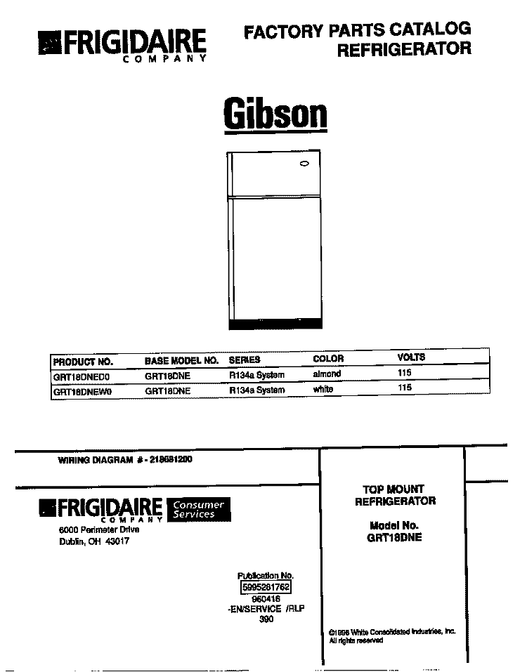 COVER Diagram and Parts List for GRT18DNEW0  Gibson Refrigerator