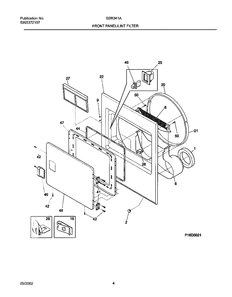 FRNT PNL, DOOR Diagram and Parts List for SER341AQ1  Westinghouse Dryer