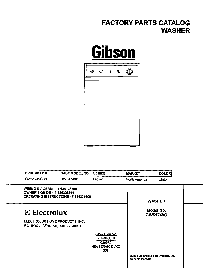 COVER Diagram and Parts List for GWS1749CS0  Gibson Washer
