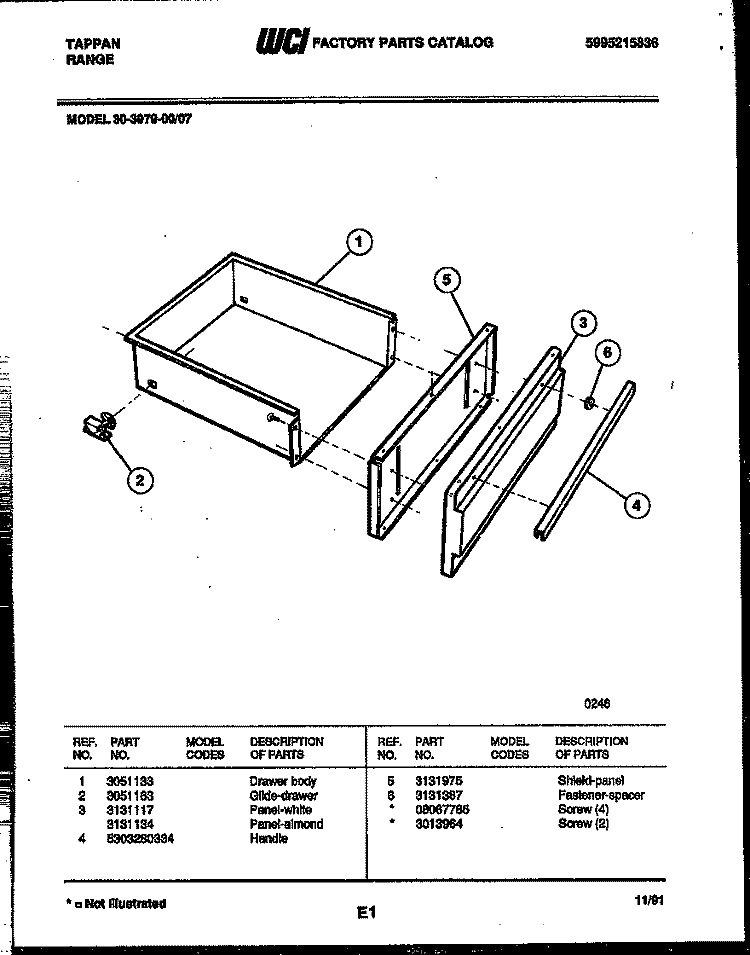 DRAWER PARTS Diagram and Parts List for 30-3979-00-07  Tappan Range
