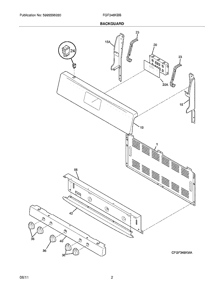 BACKGUARD Diagram and Parts List for FGF348KBB  Frigidaire Range