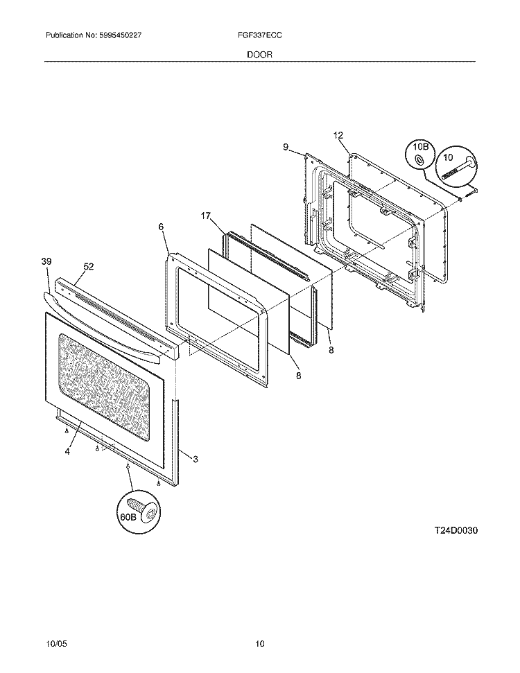 DOOR Diagram and Parts List for FGF337ECC  Frigidaire Range