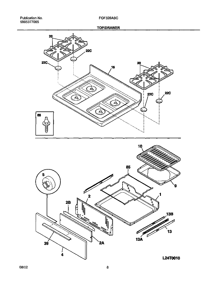 TOP / DRAWER Diagram and Parts List for FGF326ASC  Frigidaire Range