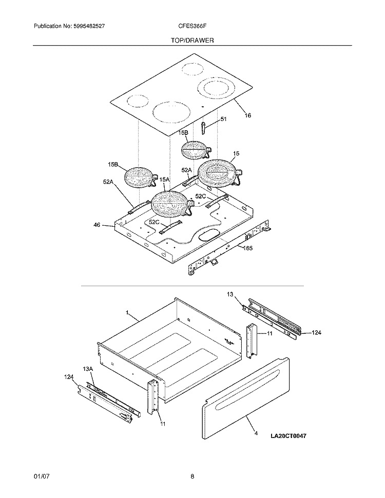 TOP / DRAWER Diagram and Parts List for CFES366FS2  Frigidaire Range