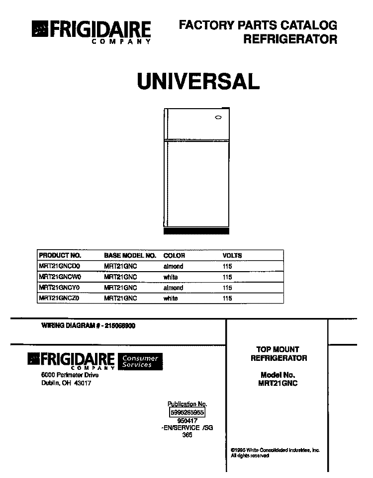 COVER Diagram and Parts List for MRT21GNCD0  Frigidaire Refrigerator