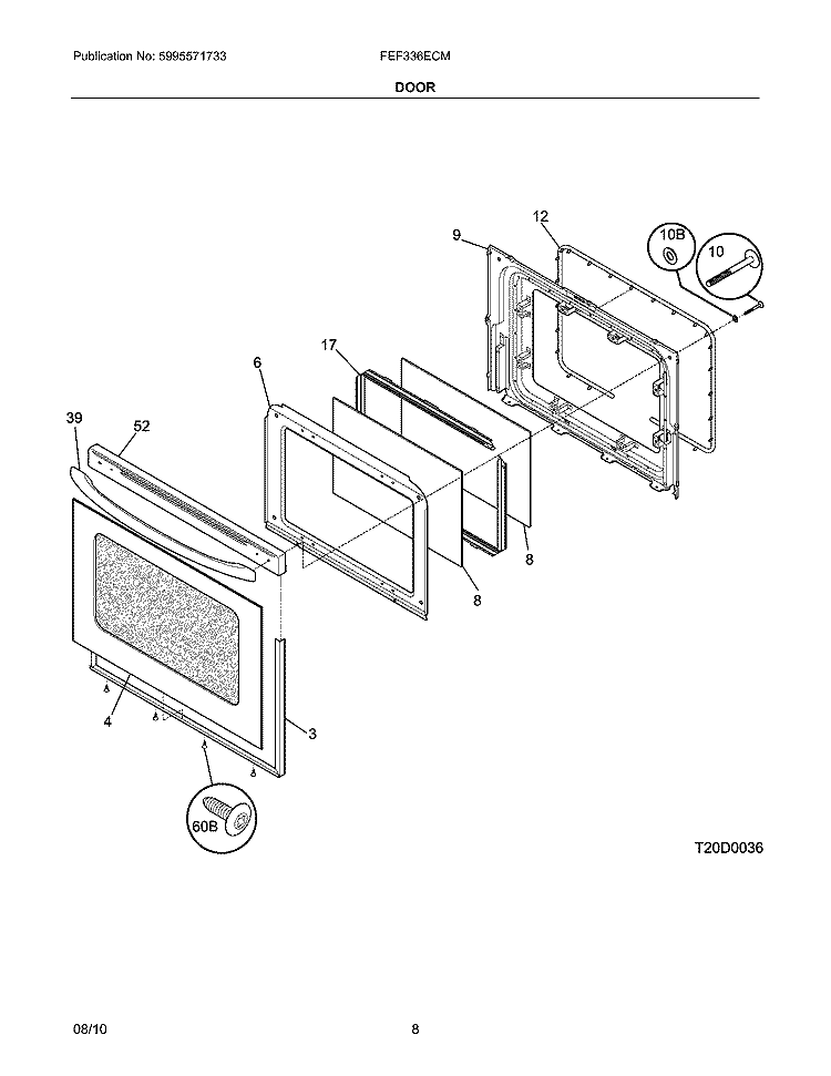 DOOR Diagram and Parts List for FEF336ECM  Frigidaire Range