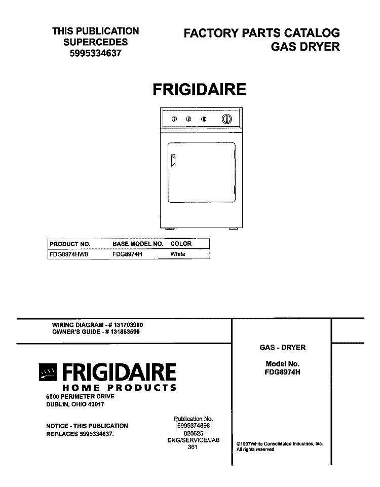 COVER Diagram and Parts List for FDG8974HW0  Frigidaire Dryer