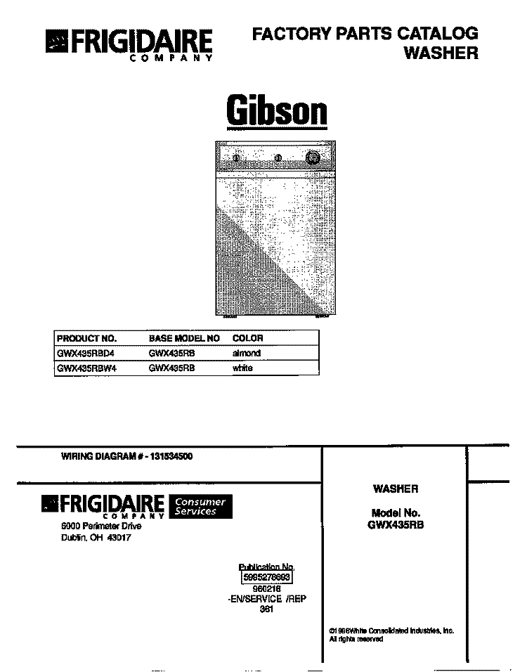 COVER Diagram and Parts List for GWX435RBD4  Gibson Washer