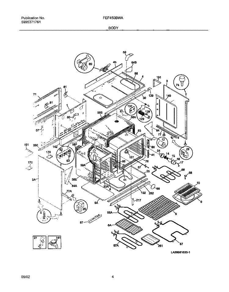 BODY Diagram and Parts List for FEF450BWA  Frigidaire Range