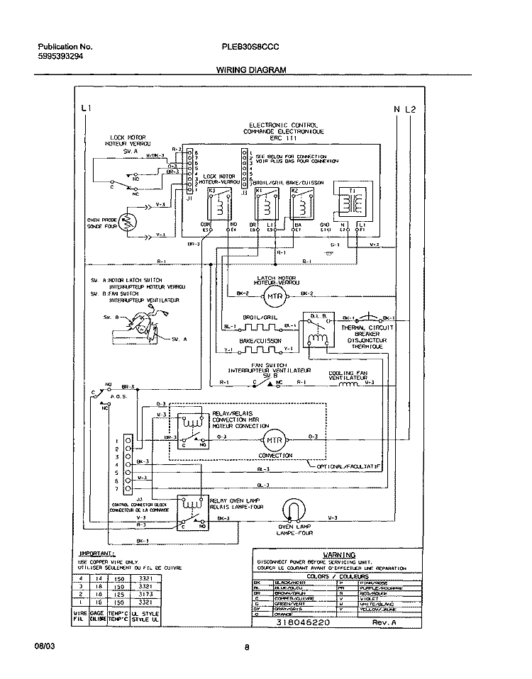 WIRING DIAGRAM Diagram and Parts List for PLEB30S8CCC  Frigidaire Wall Oven