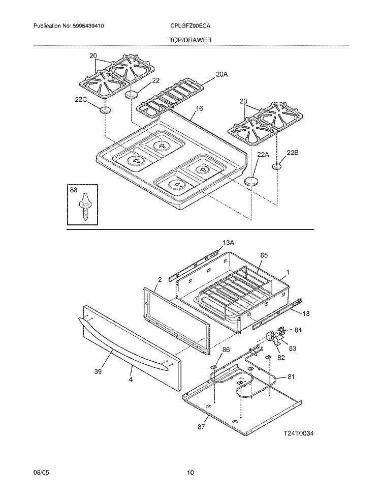 TOP / DRAWER Diagram and Parts List for CPLGFZ90ECA  Frigidaire Range
