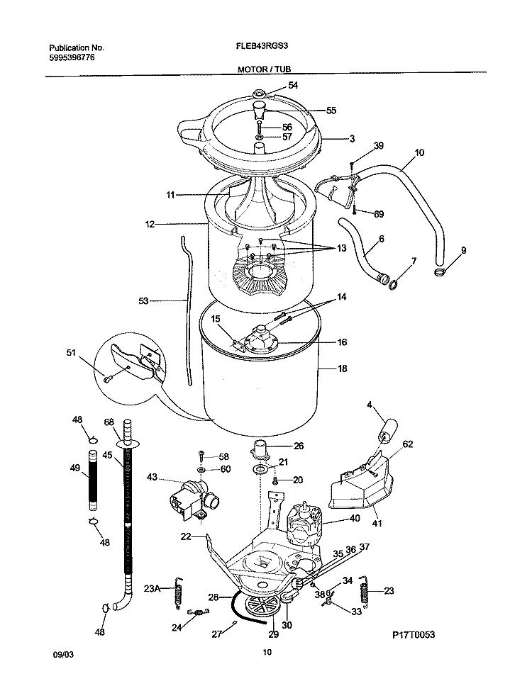 MOTOR / TUB Diagram and Parts List for FLEB43RGS3  Frigidaire Washer Dryer Combo
