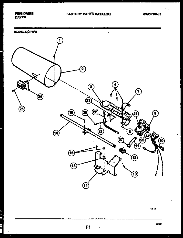 BURNER, IGNITER AND VALVE Diagram and Parts List for DGFW3  Frigidaire Dryer