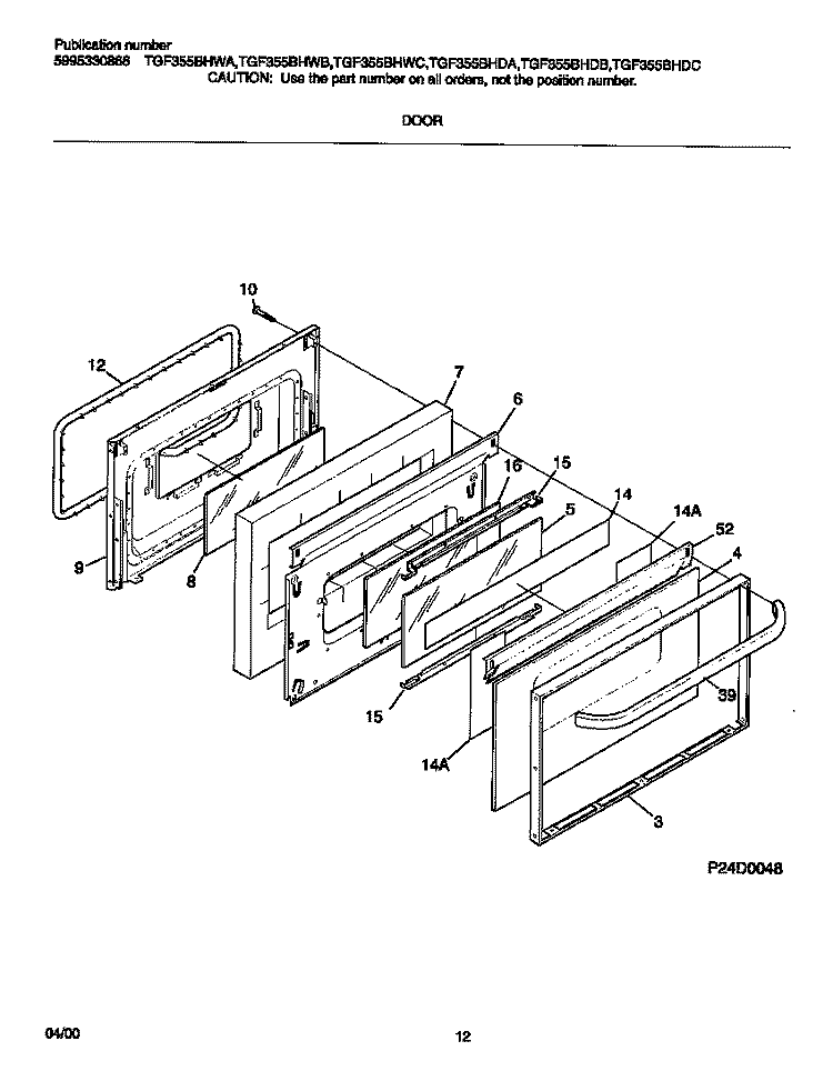 DOOR Diagram and Parts List for TGF355BHWA  Tappan Range