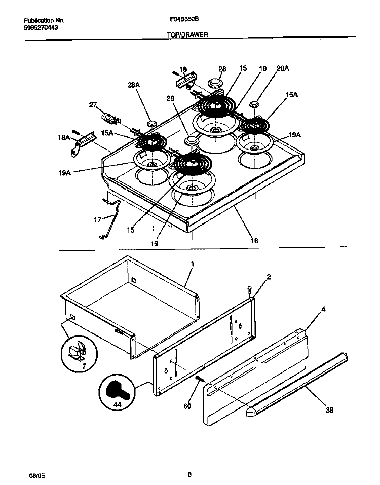 TOP / DRAWER Diagram and Parts List for F04B350BDC  Frigidaire Range