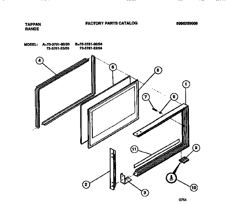 DOOR Diagram and Parts List for 73-3751-00-04  Tappan Range