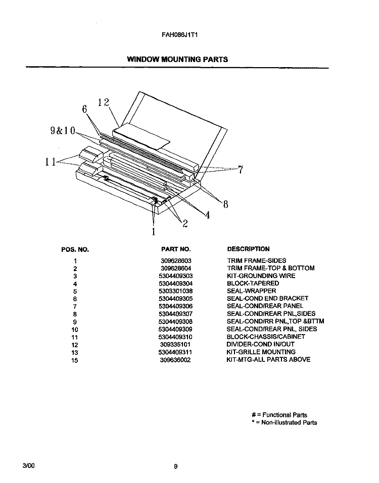 WINDOW MOUNTING PARTS Diagram and Parts List for FAH086J1T1  Frigidaire Air Conditioner